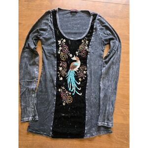 T-Party Gray Acid Wash Velvet Peacock Embroidered Long Sleeve Tunic Top Small